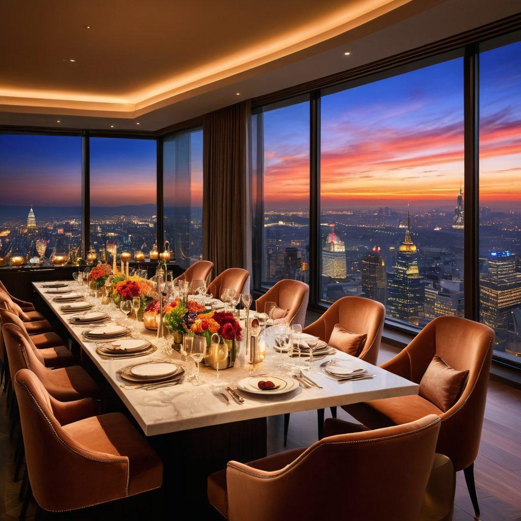 A sophisticated lounge setting featuring plush, modern furnishings with elegant lighting, showcasing a diverse group of well-dressed individuals enjoying a premium experience. Include luxurious amenities like champagne glasses, a stunning city skyline view through large windows, and a lavish buffet table in the background. Create an atmosphere of exclusivity and elegance that reflects a high-end lifestyle. super-realistic. vibrant colors.