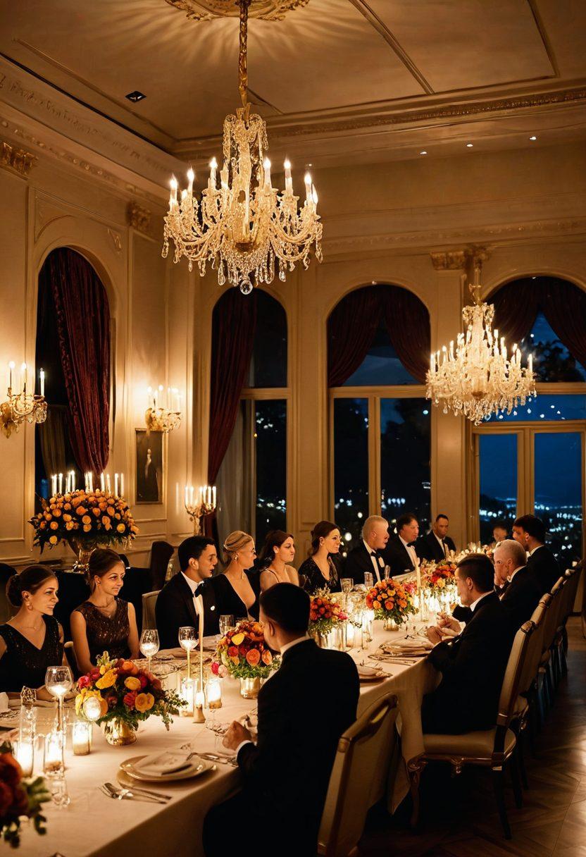 An opulent gathering of sophisticated individuals dressed in elegant attire, enjoying a lavish banquet under soft candlelight. The scene is adorned with luxurious décor, showcasing exquisite floral arrangements and shimmering table settings, exuding a sense of exclusivity and grandeur. Encompassing an atmosphere of high-class camaraderie and captivating experiences, with a backdrop of an elegant venue that enhances the charm. super-realistic. vibrant colors. warm lighting.