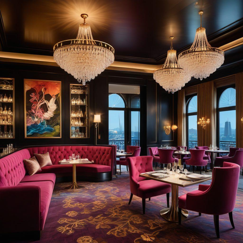 An upscale lounge setting featuring elegantly dressed individuals enjoying gourmet cocktails and fine dining. The environment is enriched with sophisticated decor, plush seating, and an ambiance of exclusivity. Soft, ambient lighting casts a warm glow, creating a sense of luxury and refinement. Showcase intricate details like crystal chandeliers and stylish club logos subtly in the background. super-realistic. vibrant colors. elegant atmosphere.